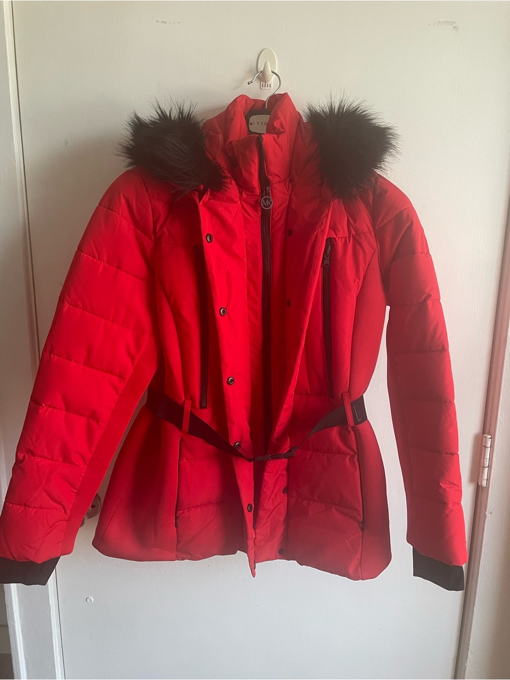 Michael Kors Red Quilted Puffer Coat with Faux Fur Trim
